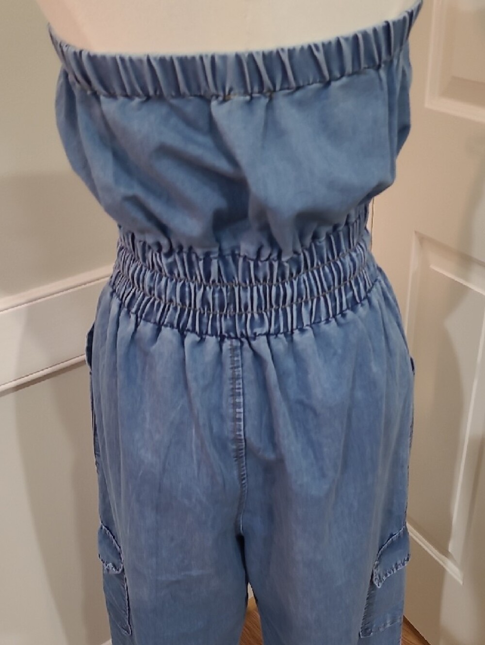 Charlotte Russe Blue Strapless Elastic-Waist Denim Cargo Jeans Jumpsuit - Size M - Picture 7 of 9